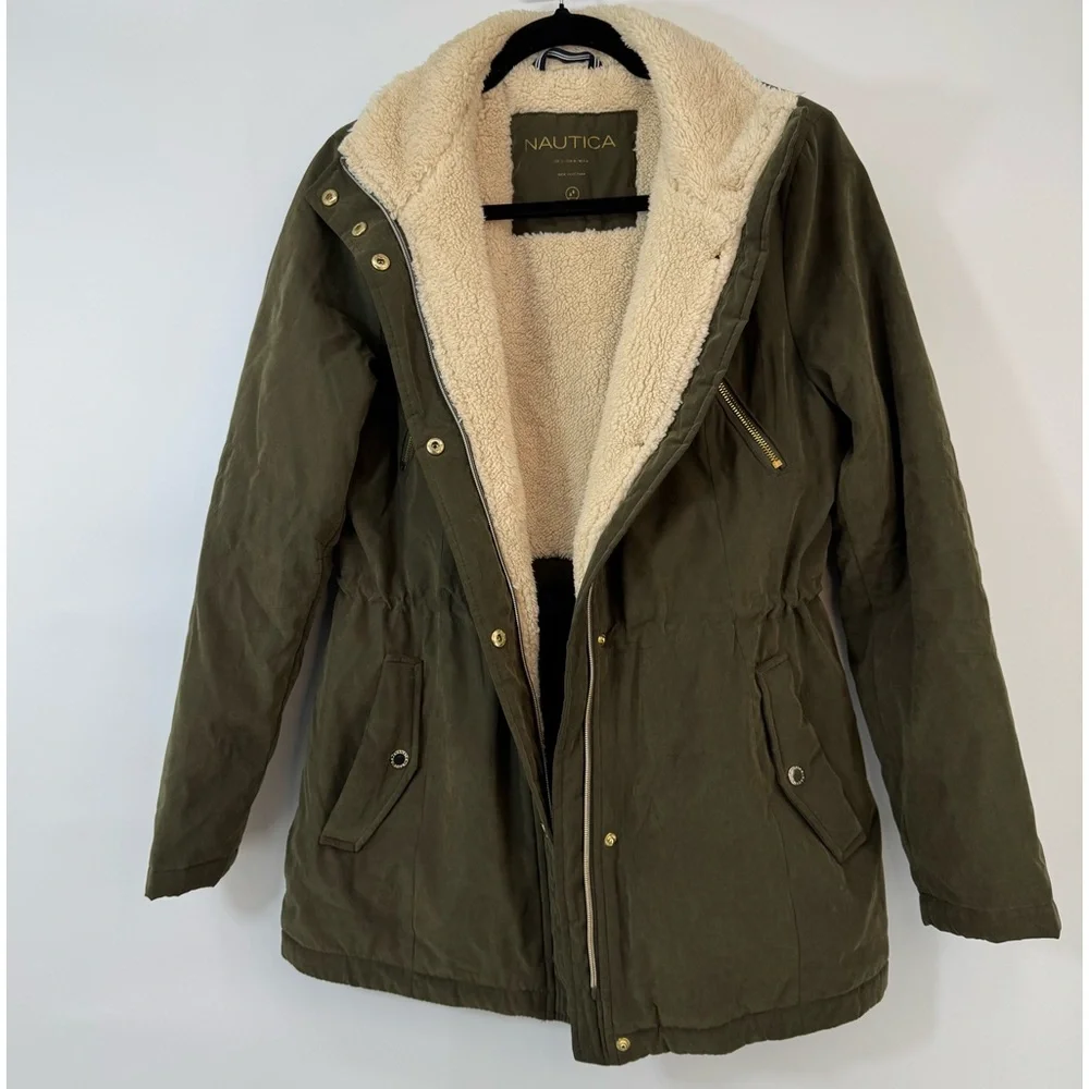 NAUTICA Olive Green Water Resistant Parka Jacket Size S Utility, Minimalist